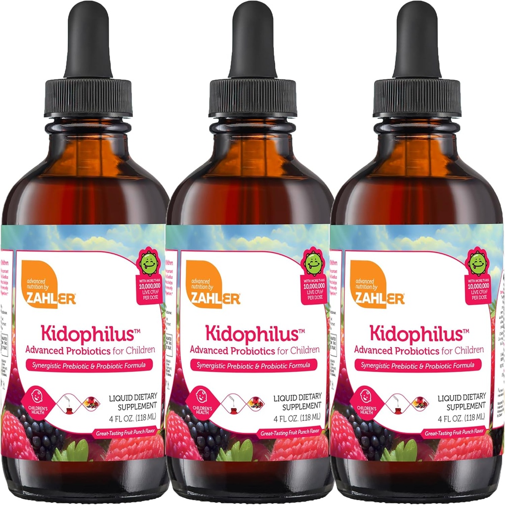 Zahler - Kidophilus Liquid Drops for Kids (4 Fl Oz) 认证的Kosher, 健康消化和免疫支持 - 水果扑灭性儿童亲生药滴补充剂(3包)