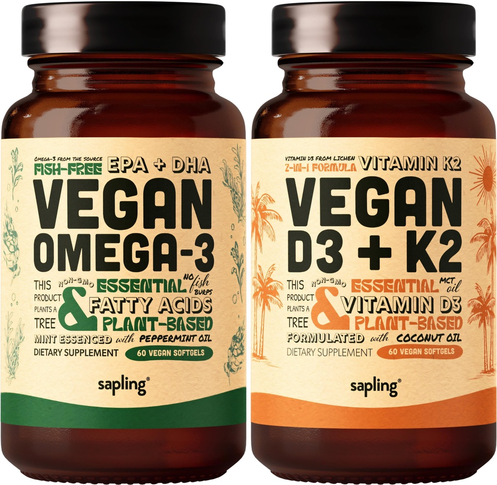 Vegan Omega 3 & Vegan 维生素 D3 + K2 补充剂 Bundle - 植物基 DHA & EPA 脂肪酸,4000 IU 维生素 D3和100 mcg 维生素 K2作为 Mk7