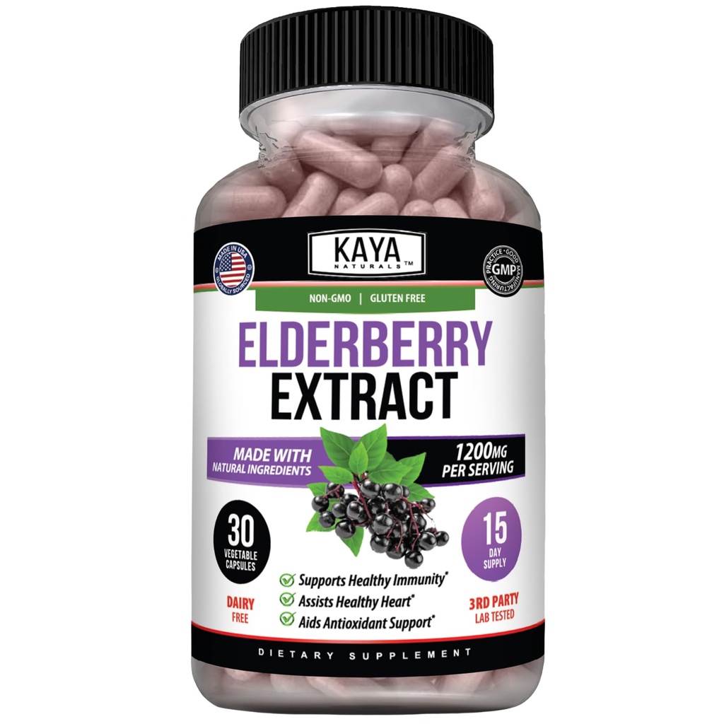 Kaya Naturals Elderberry Immune支持 - 长老莓提取,富含抗氧化剂的维生素Premium, 1200mg Immune System Booster Sambucus Capsules - 30 Counters
