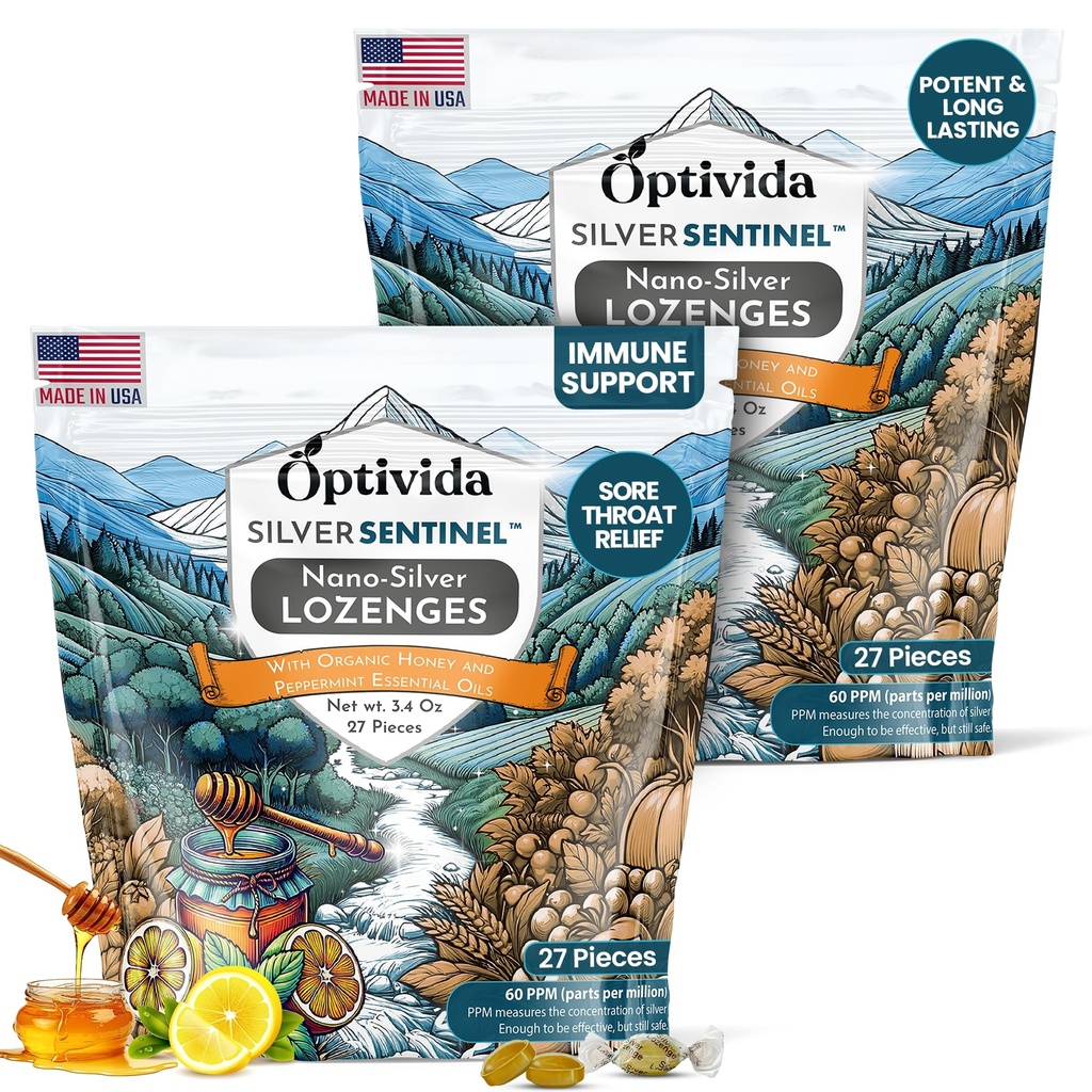 Optivida健康 Colloidal Silver Lozenges with Honey & Lemon Oil (2 Pack) - 为有咳嗽救济和快速行动纳米支助的成年人提供苏打索雷喉Lozenges,60 Ppm