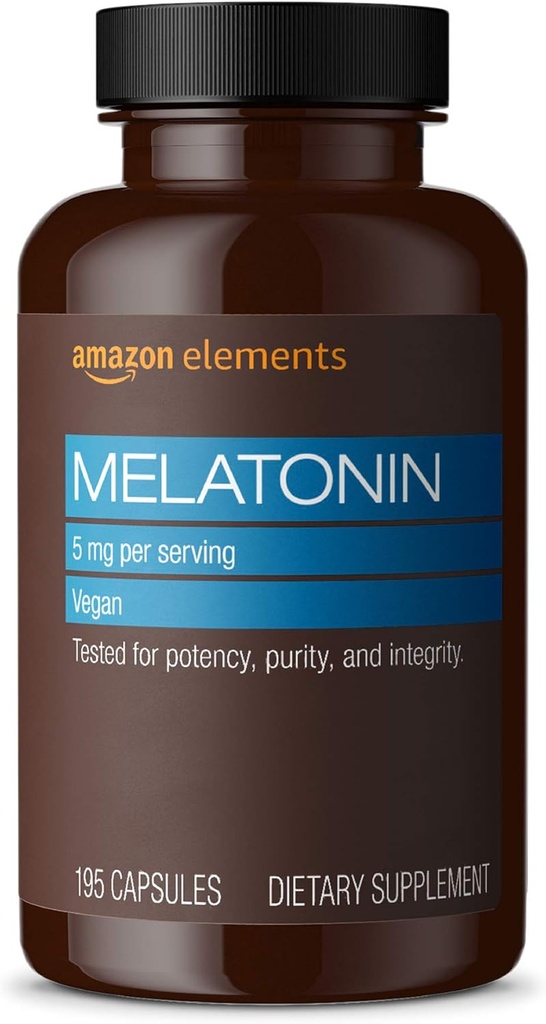 元素 - Melatonin 5 mg Capsules, 偶而失眠的帮助, Vegan, Unflororored, 195 Counter (Pack of 1), 6个月供应量(Packging可能有所不同)