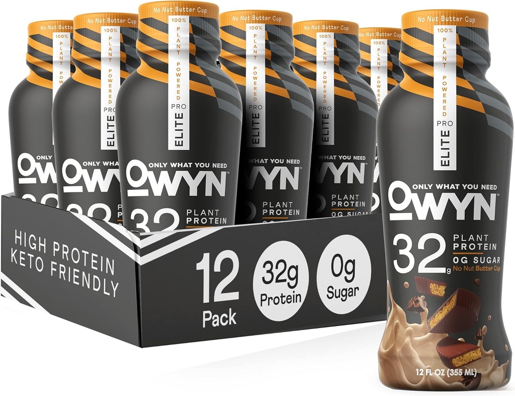 OWYN Only what you need Pro Elite Vegan 高蛋白 Keto Shake, 32g 蛋白质, 12 Fl Oz(12个包) 和 Pro Elite Vegan 植物基高蛋白 Keto Shake, 无 果酱杯, 32g 蛋白质(包装 May Vary)