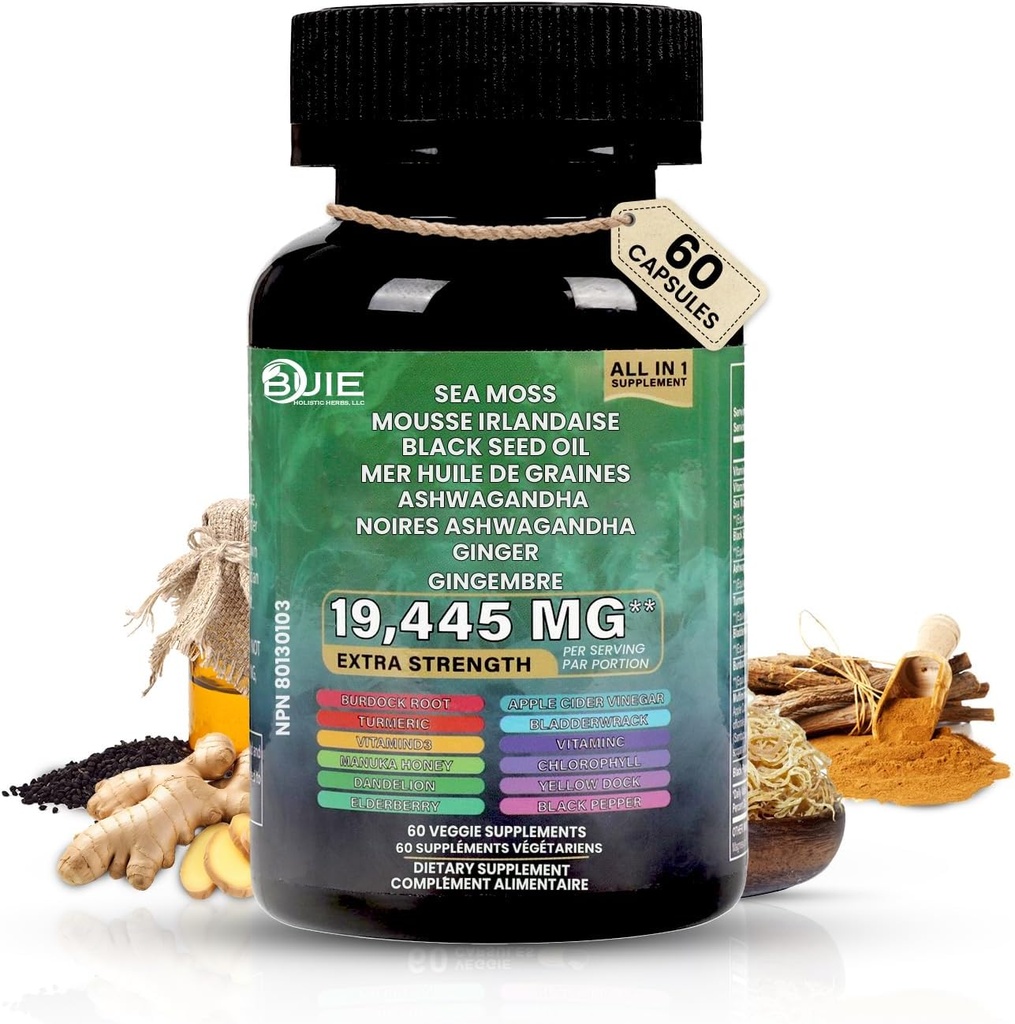 Sea Moss Capsules (Ginger) | 60 Capsules | 60 Capsules | 爱尔兰摩斯与黑籽油, Ashwagandha & Ginger | Seamoss 超级食品促进能源,豁免,联合与皮肤健康 | Vegan,非GMO 补编