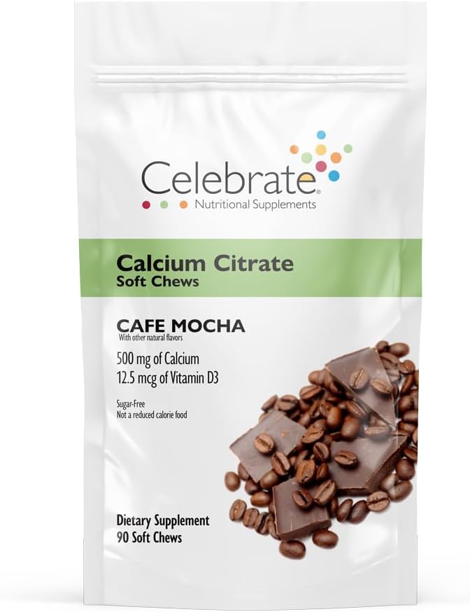 庆祝维生素Bariatric Calcium Citrate 软菜配有维生素D3,500mg,无糖和无胶钙 Citrate for Bariatric Patients, Cafe Mocha, 90 counts