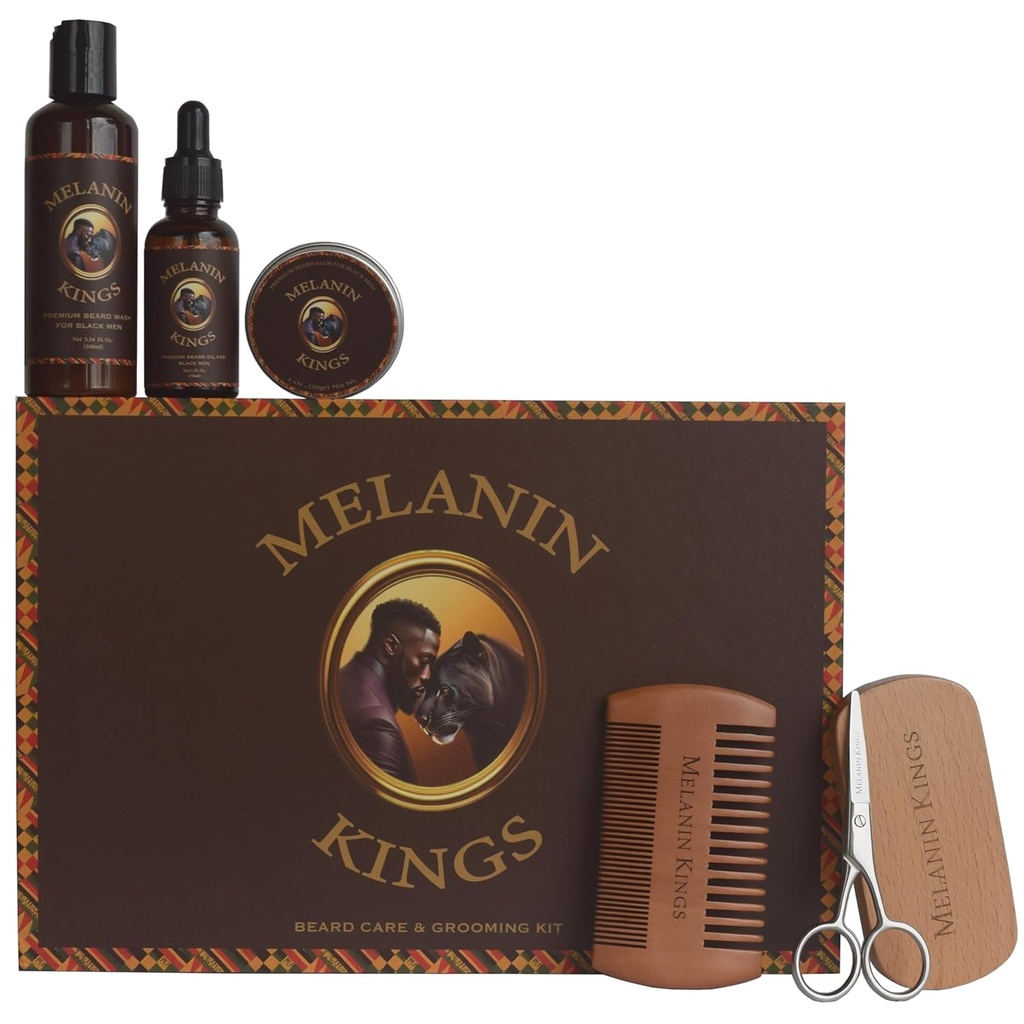 Melanin Kings Beard Grooming Kit for Men - 配有古老非洲自然成份的公式 QQ 胡子洗涤器,石油,Balm,Brush,Comb,Trimming剪刀