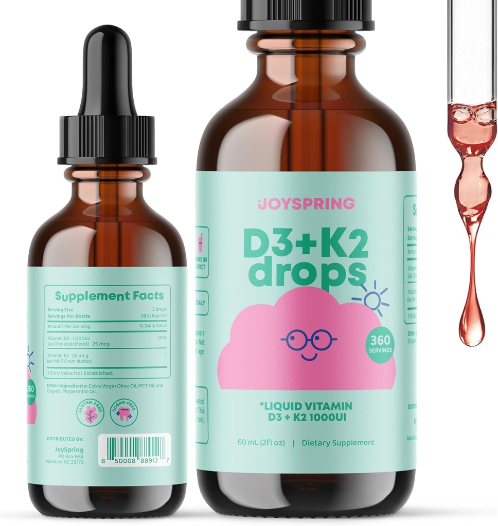 JoySpring Vitamin D D D drops for Toddlers to support Growth, Bone, and Immune Health, Kids Zinc 补充剂 - 配有锌液体的老莓和配有维生素B2, B6, B12和 B5的每日B复合维生素