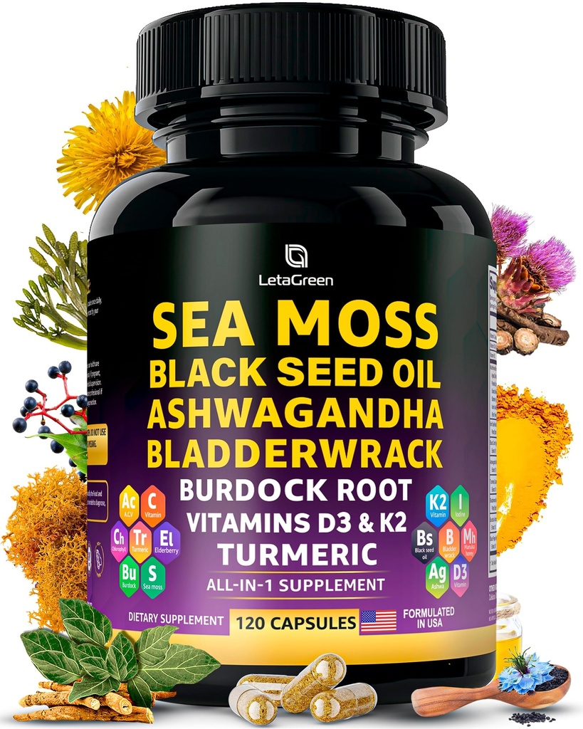 Sea Moss Capsules – 17-in-1 Blend with Black Seed Oil Ashwagandha Bladderwrack Burdock 根涡维他命 D3 K2 C 每日健康 – 男女多矿物质补充 – 120 计数