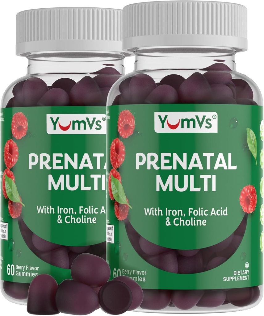 YUM-V'S YumVs Prenatal Gummies for Women - Prenatal Vitamins for Women with Folic Acid, Iron & Choline - Vegetarian & Kosher Pregnancy Vitamins - Womens Prenatal Multivitamin - 60 Count 2pk
