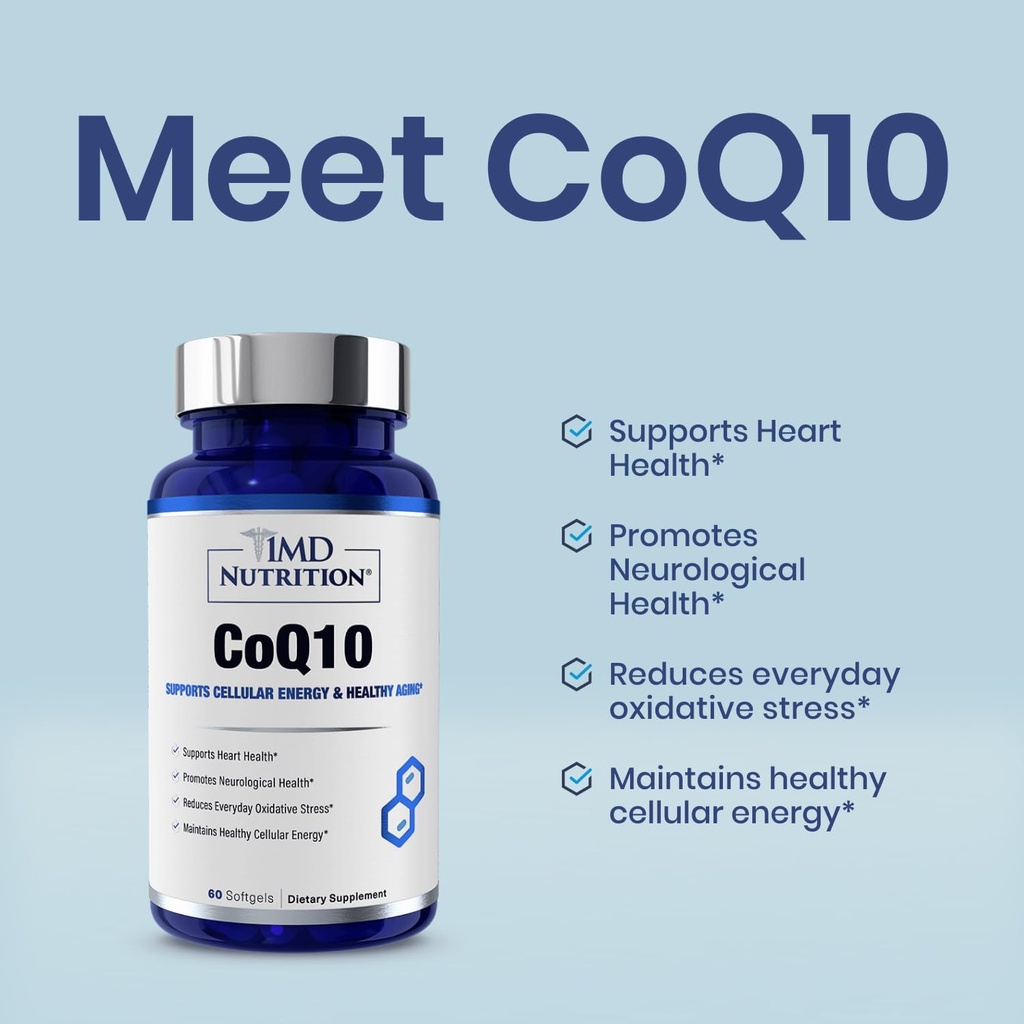 1MD 营养 CoQ10 - 心脏健康和细胞能源生产 - 男女健康补充 - Coenzyme Q10 Softgel - 60天(2-Pack)
