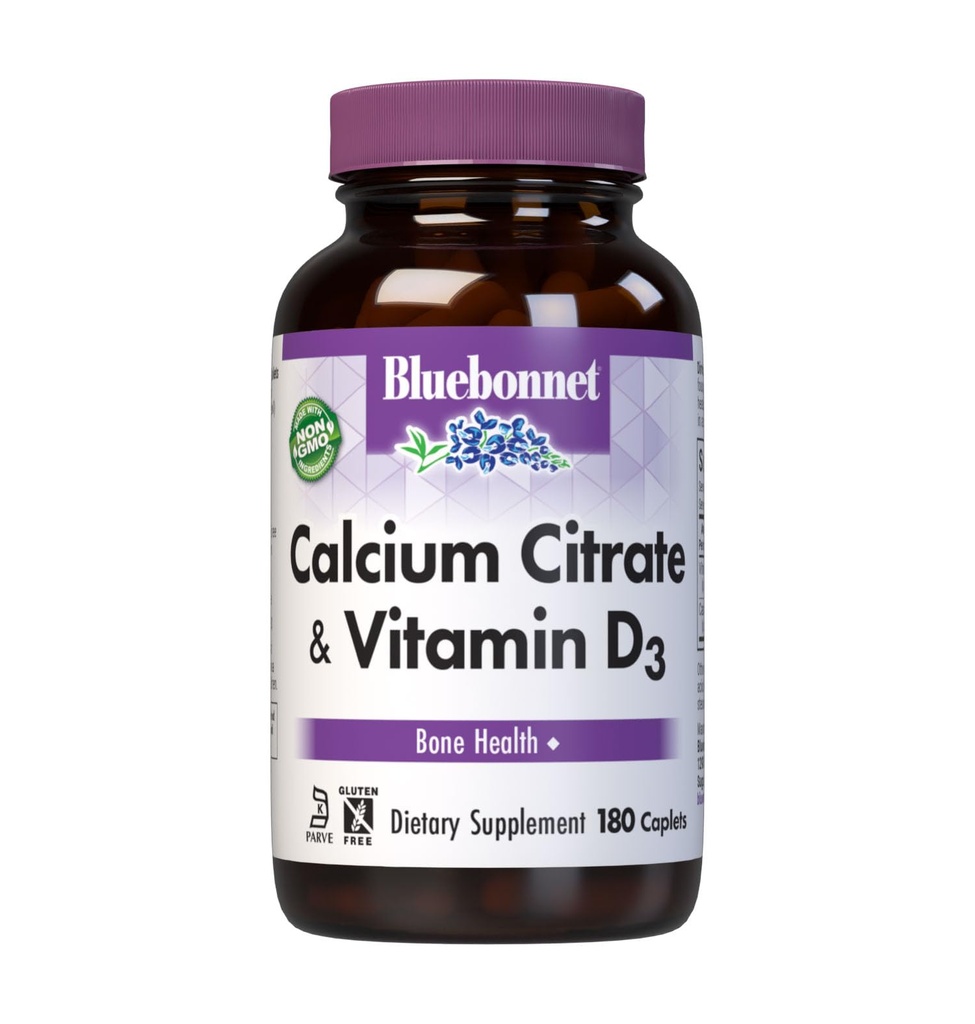 Bluebonnet Calcium 配有维生素D3的Citrate - 每日骨质健康与强力加免疫支持* 1000mg 男女钙补充剂 - 非GMO,无葡萄糖 - 180 caplets