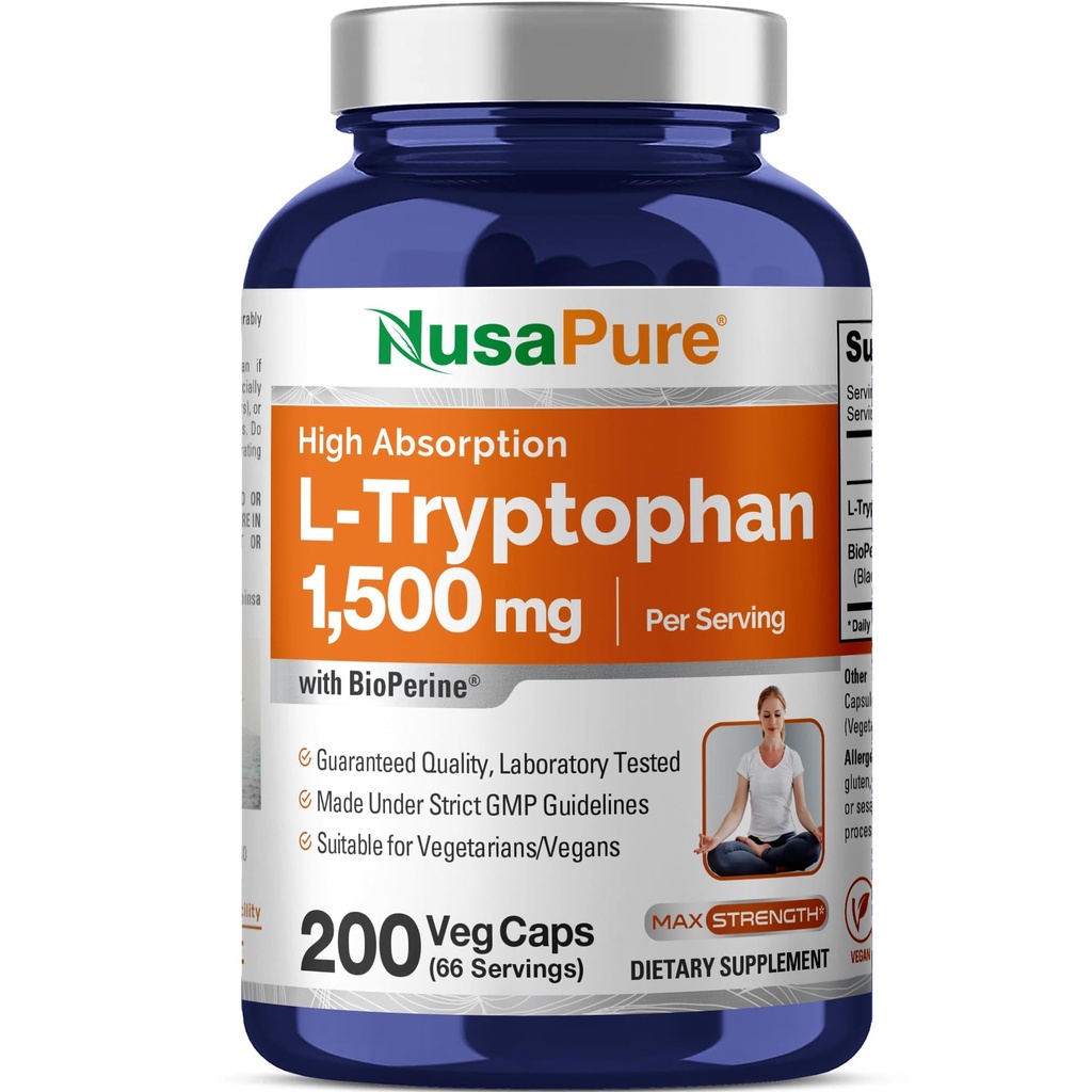 NusaPure L-Tryptophan 1500mg 200 蔬菜瓶盖(非GMO,Vegan) 生物瓶盖