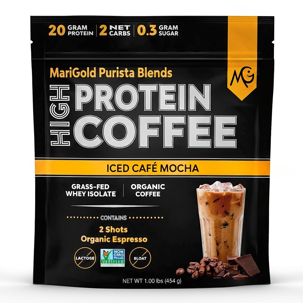 MariGold高蛋白咖啡 - Iced Café Mocha, 20g Grass Fed Whei蛋白隔热, 能源与工作靴, 2 Shots Organic Espresso, 非GMO, 2 Net Carb, 1 Lb Bag, 15 服务