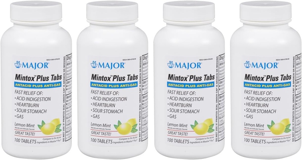 大JOR Mintox Plus Tabs - Antacid Plus Anti-Gas Tables - 帮助快速再信酸消化,心烧,酸胃,和气体 - 柠檬薄荷 Flavored - 100 Count (4 Pack)