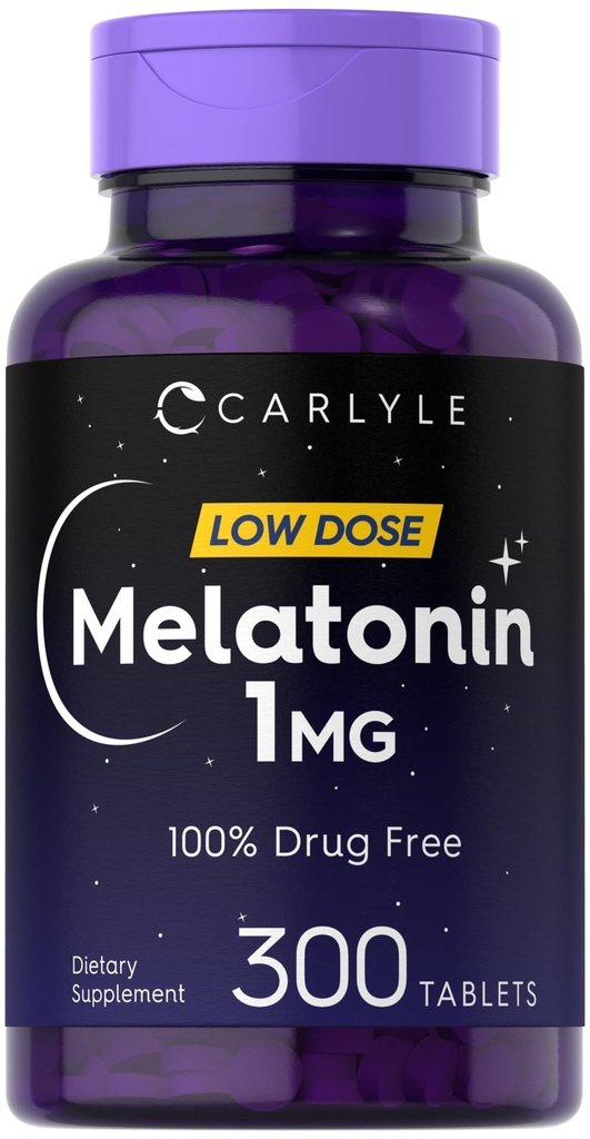 Carlyle Melatonin 1 mg → 300 低剂量药片 → 药物免费援助 → 蔬菜,非GMO, Gluten Free