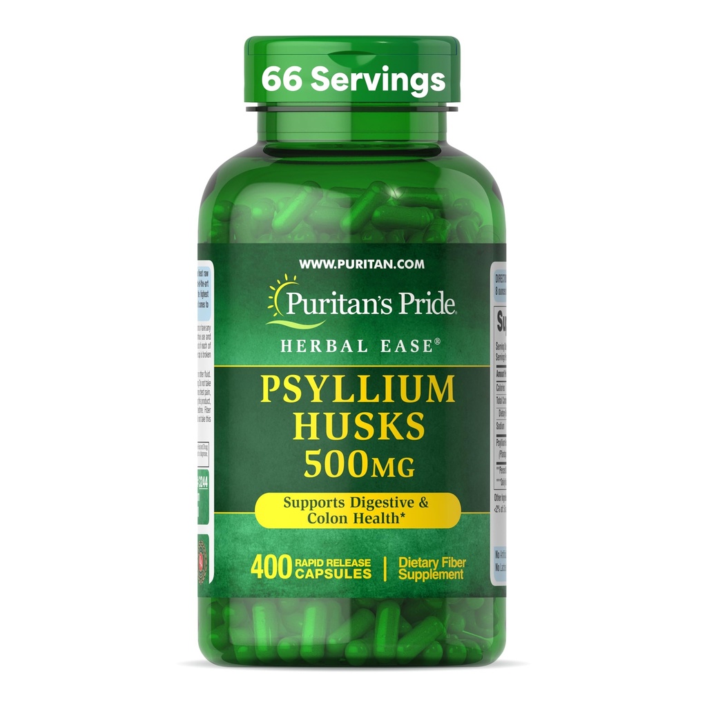 清教徒的荣耀草药 Ease® Psyllium Husks 500mg, 消化剂的饮食补充剂 Colon, 和心脏健康支持, Daily Fiber Capsules, 2个月供应量, 400 快速释放 Capsules