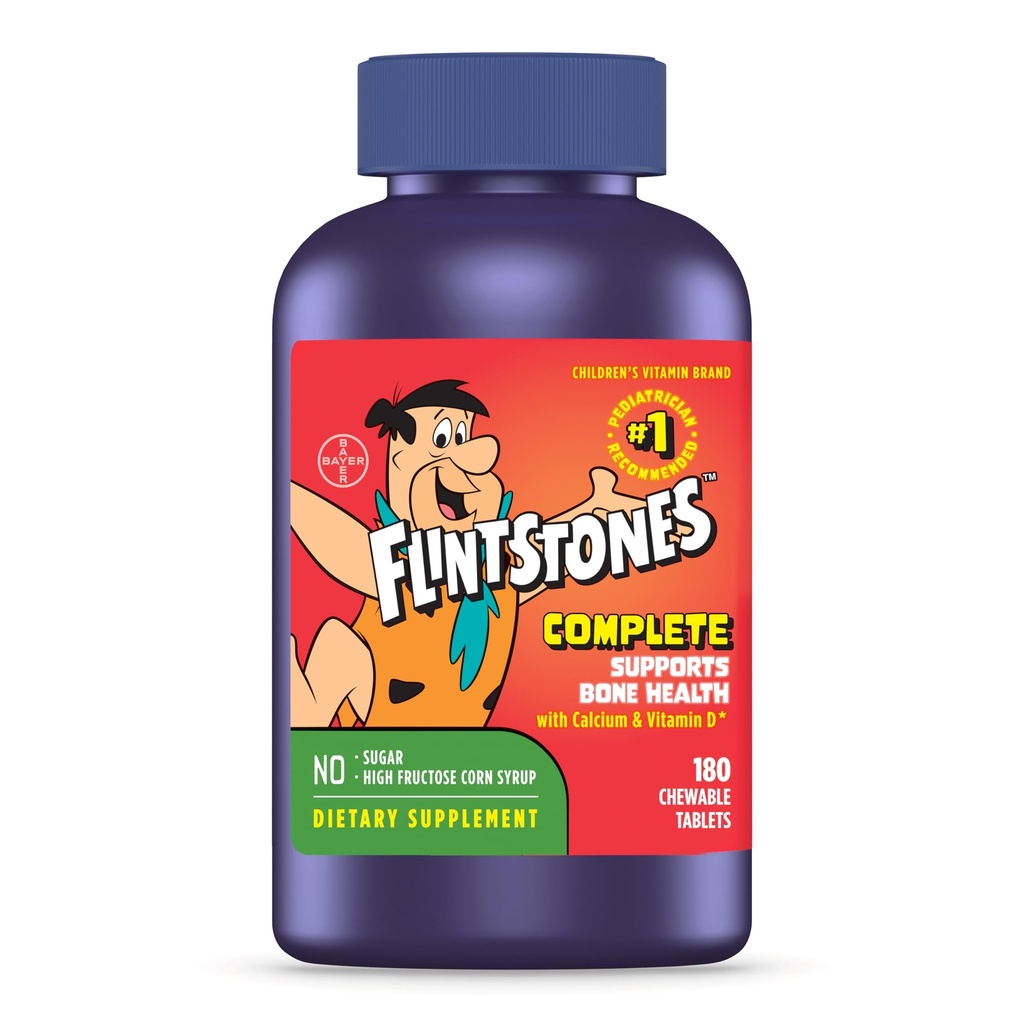 Flintstones Vitamins Chewwable Kids Vitamins, 完全多维素给有铁,钙,维生素C,维生素D & 更多的孩子和托德勒人,180个计数(包1)(包5月 Vary)