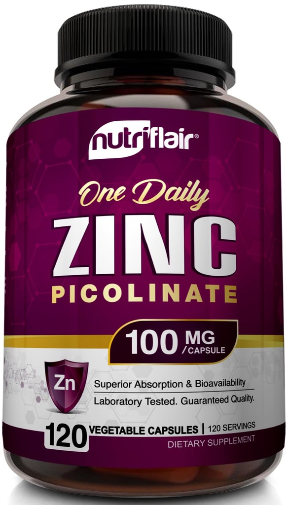 NutriFlair Zinc Piclinit 100mg, 120 Capsules - Vegan, 非GMO, 在美国制造, 第三方实验室测试