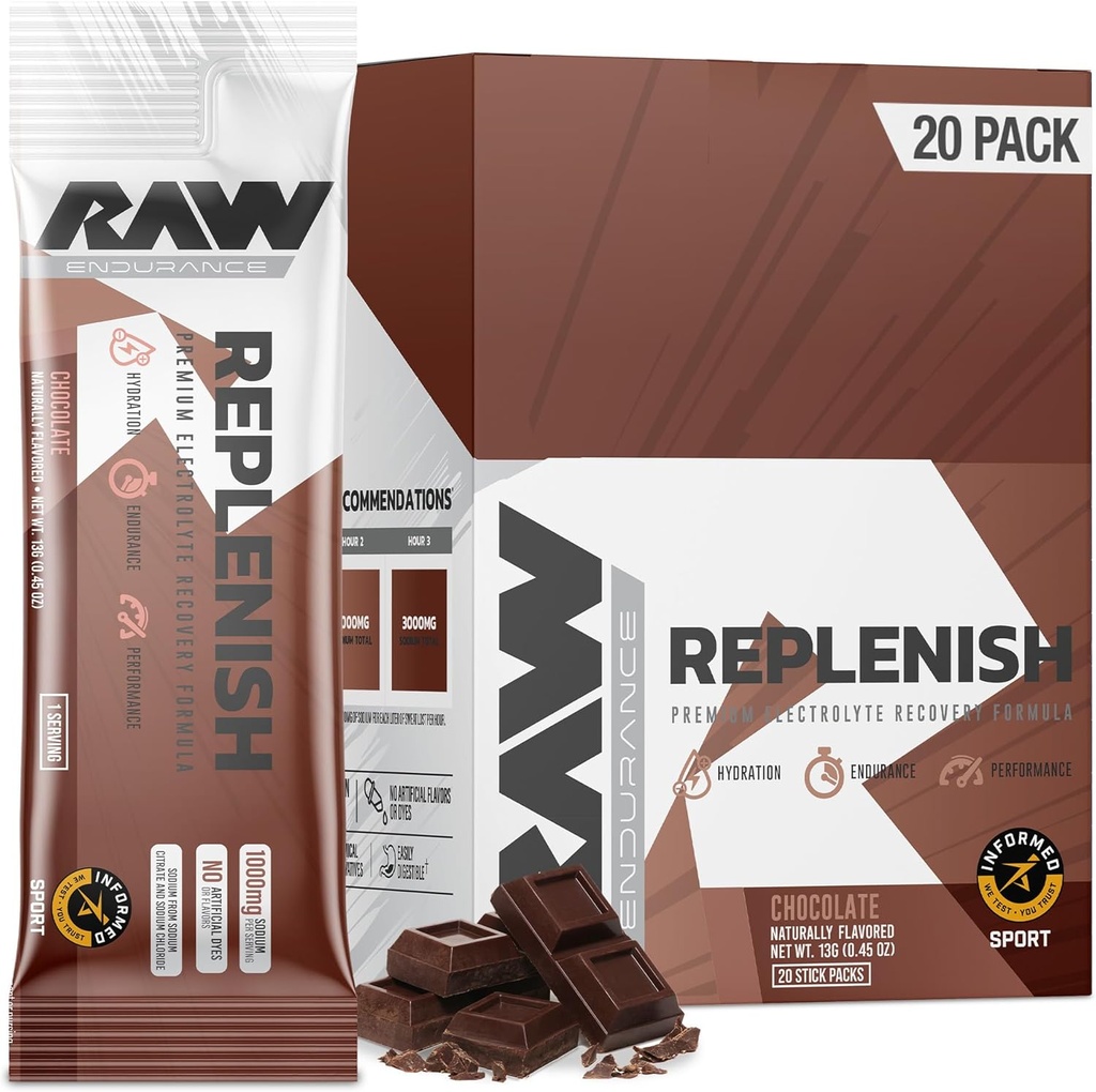 RAW 补充包, Premium Electrolytes 粉末回收公式,巧克力(20个棒包) - Flawared Electrolyte Drink Mix 用于水分,补充,耐力和性能工作
