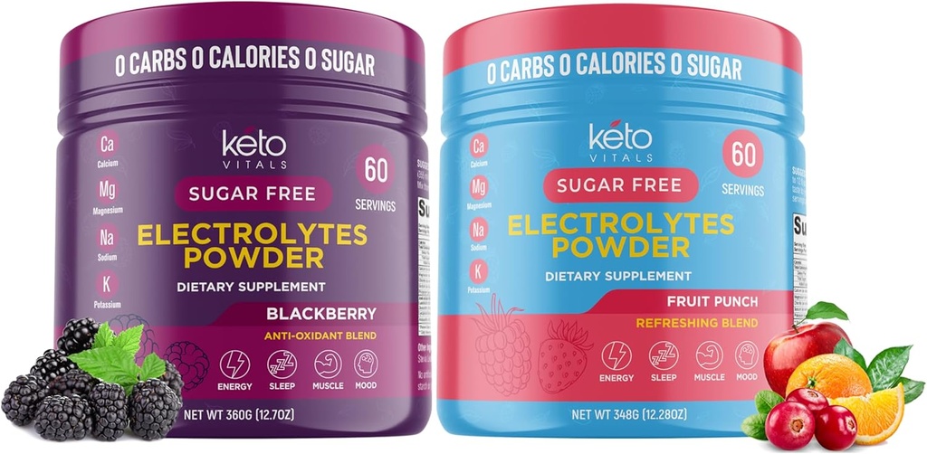 Keto Virtures BlackBerry Bundle 配水果冲 - 2 Pack Bundle Keto Electrolytes Powder 配钾,镁,钠,钙 - 黑莓和水果冲锋