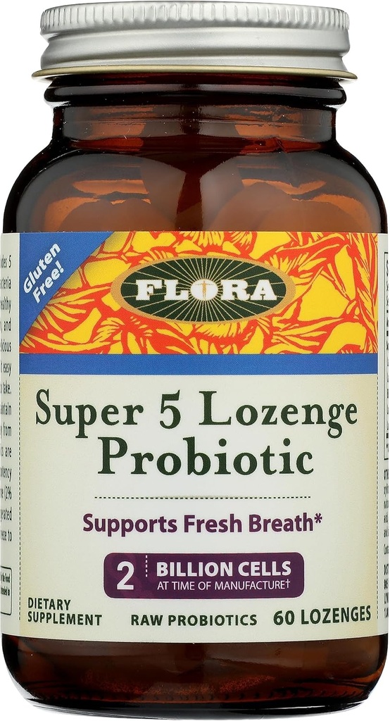 Flora - Super 5 Lozenge Probiotic, Raspberry Flavored 口服Probiotic, 对坏的呼吸有好处, 五条草条有2亿CFU, 恢复和保留Gut健康, RAW, 60 Lozenges