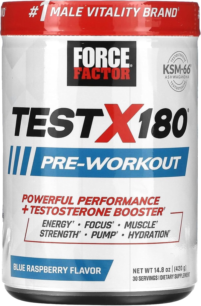 FORCE FACTOR测试 X180 工作前粉末和能量补充, 助力聚焦和耐力, 构建肌肉和力量, Nitric Oxde 补充 Ashwagandaha & L-Citrulline, 蓝莓, 30个服务