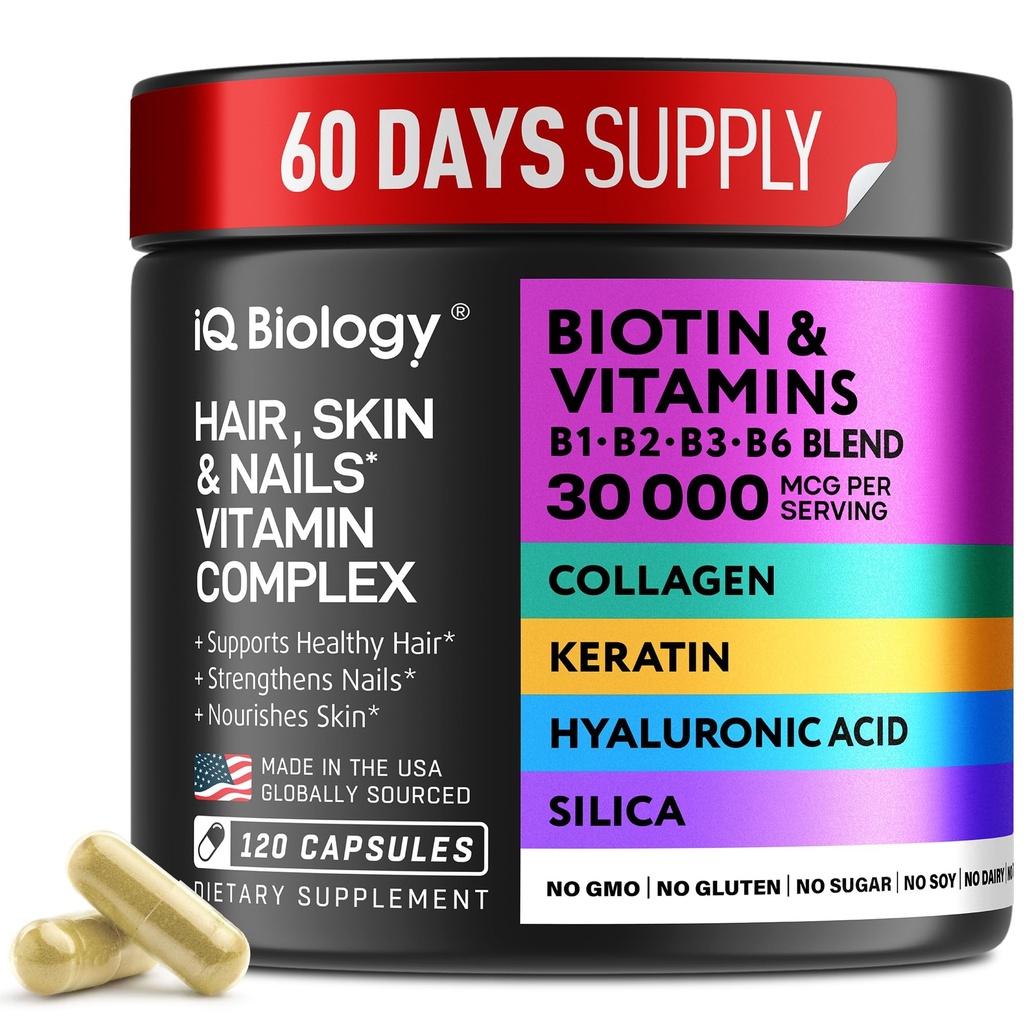 长发女性和男性的生物素,含喀拉廷,Collagen Complex 30000 mcg – 毛发丢失和硬皮盖 – Skin & Nails 维生素, Biotin 10000 mcg 和 Collagen 补充剂 - 120 Pills
