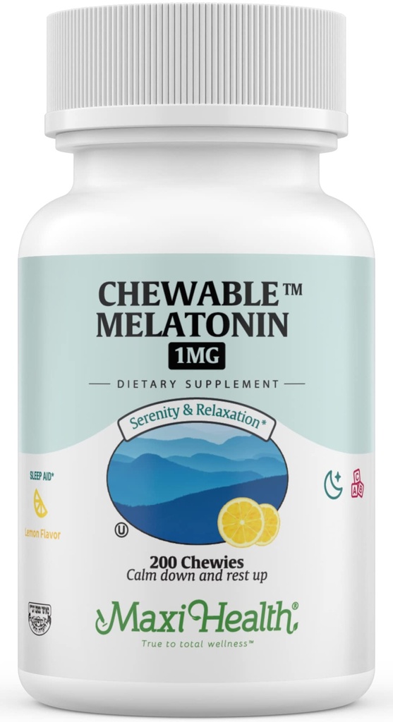 Maxi Health Chewable Melatonin, Kosher Lemon Flavor, Melatonin for 成人与儿童, 对成人与儿童的自然援助, Melatonin Chewables 替代 Melatonin Gummys Kids Dose, (200 计数)