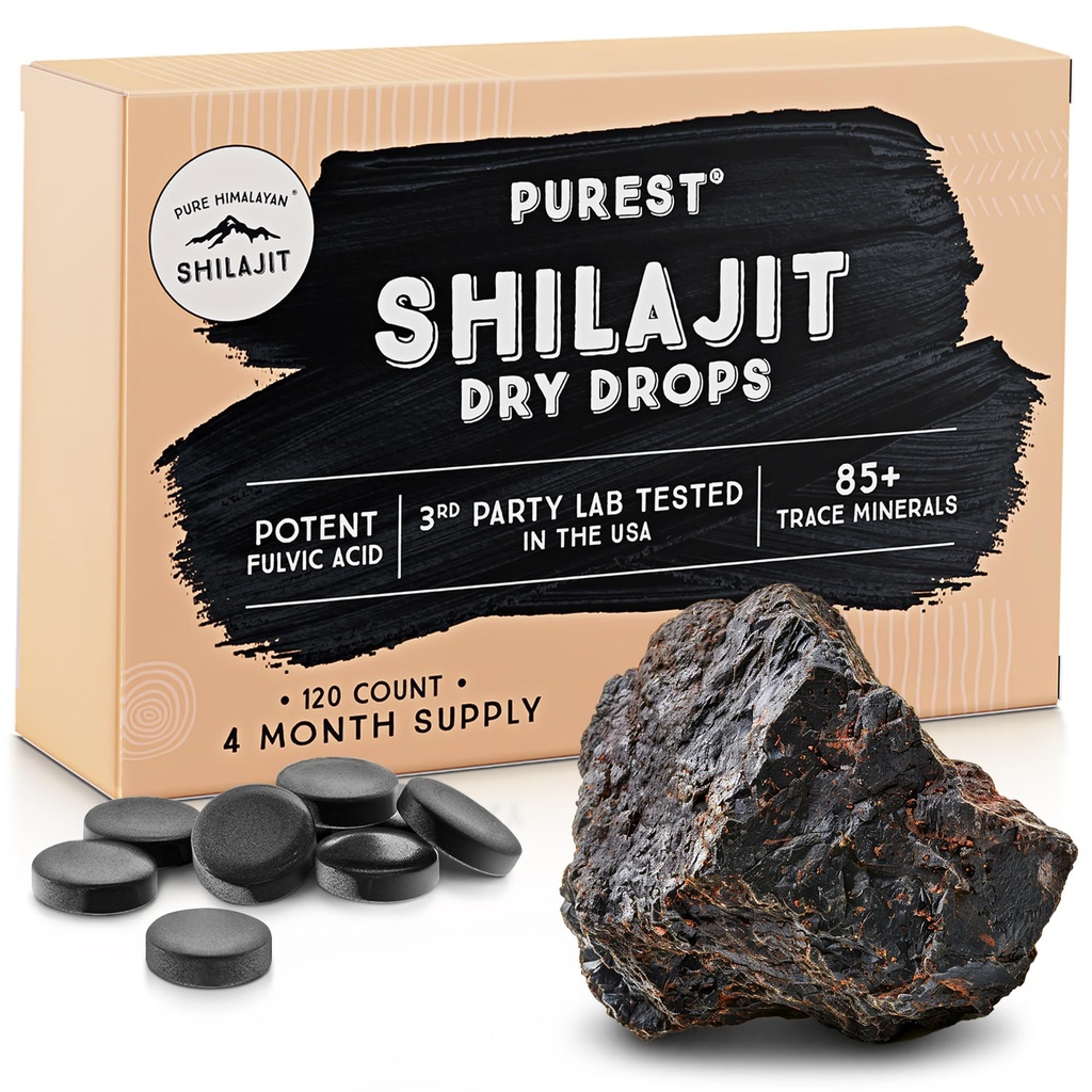 纯喜马拉雅Shilajit干燥滴,100%纯天然Shilajit,A级,Max Potency 85+ 清洁跟踪矿物和富尔维酸,能源、代谢和免疫支持男女补充(120个标签)