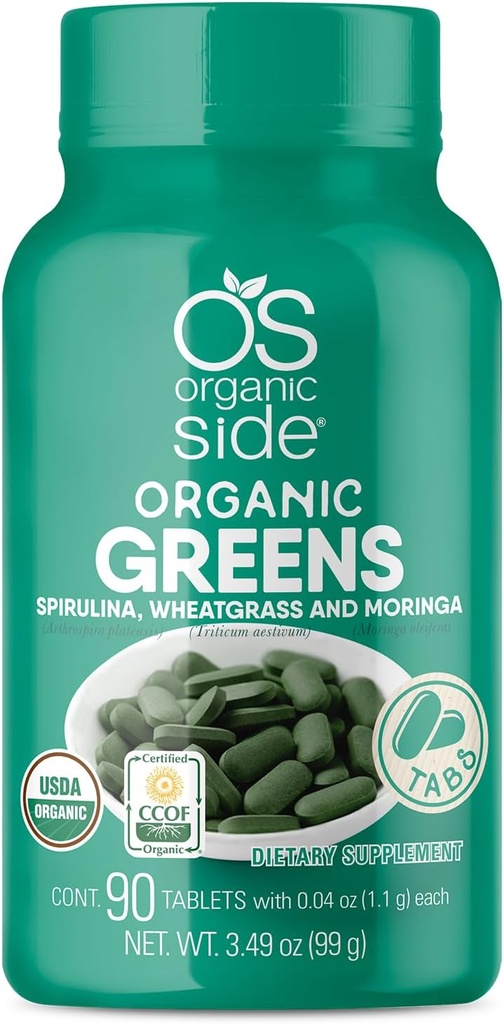 有机绿色(Spirulina,Wheatgrass & Moringa) 90 片 - 富含维生素和矿物 - 超绿色 1100 mg - 认证的USDA - 非转基因生物 - Vegan