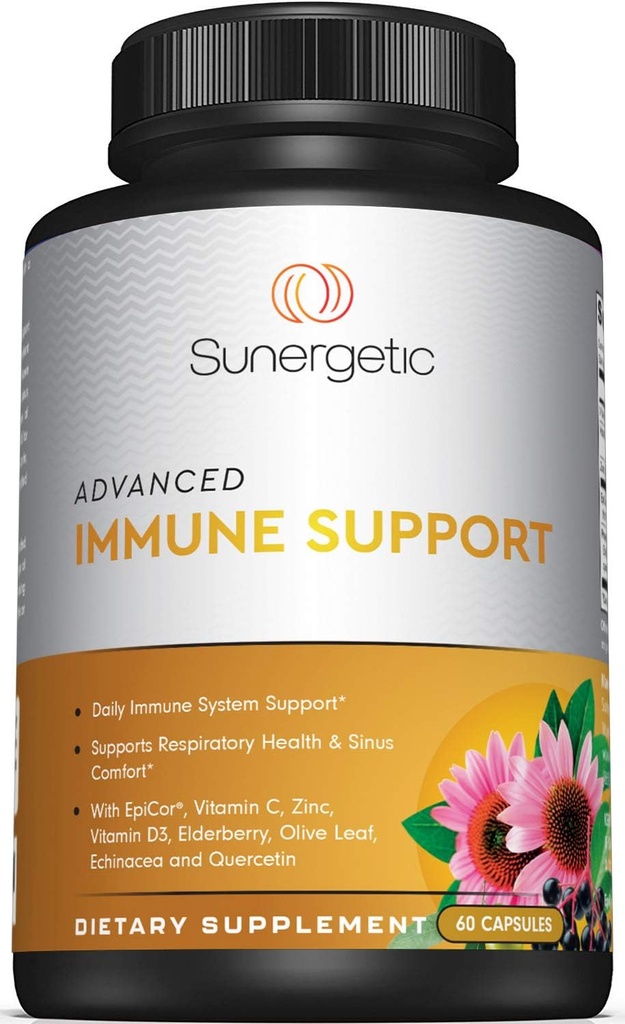 Premium Immune Support Supplement – Daily Immune Supplement for Respiratory, Sinus & Gut Health - with Epicor, D3, Vitamin C, Zinc, Elderberry, Olive Leaf Extract & Quercetin- 60 Immune Capsules