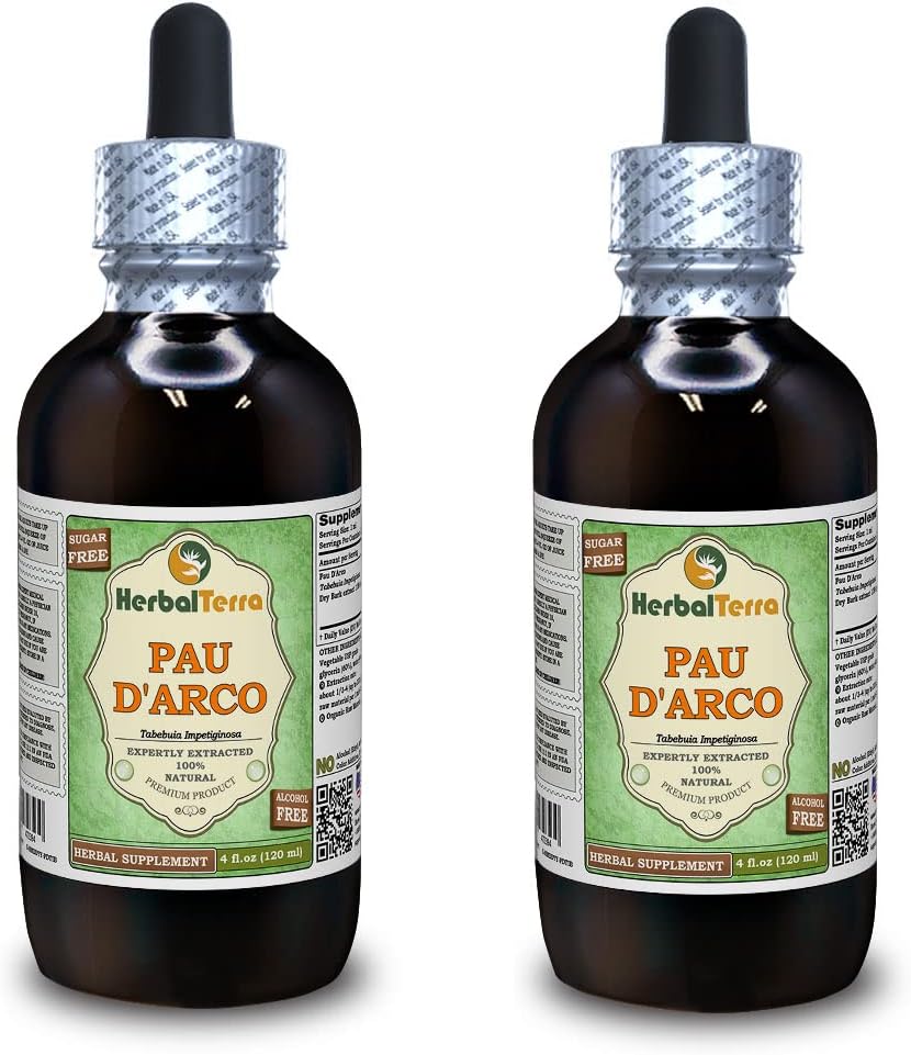 PAU d'arco (Tabebuia impetiginosa) 甘油酸,干巴克无酒精液体提取物(Brand name: Herbalterra, proudly made in USA) 2x4 fl.oz (2x120 ml)