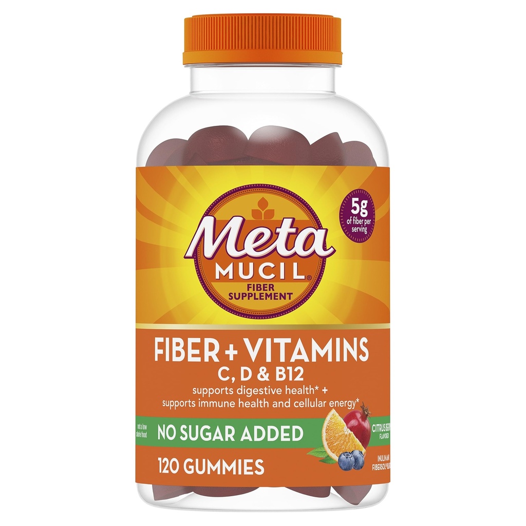 含有维生素C、D、B12代谢物的成年人的Metamucil Fiber Gummys、无糖添加的Citrus Berry Flavor、5g植物先生纤维补充剂Blend、120