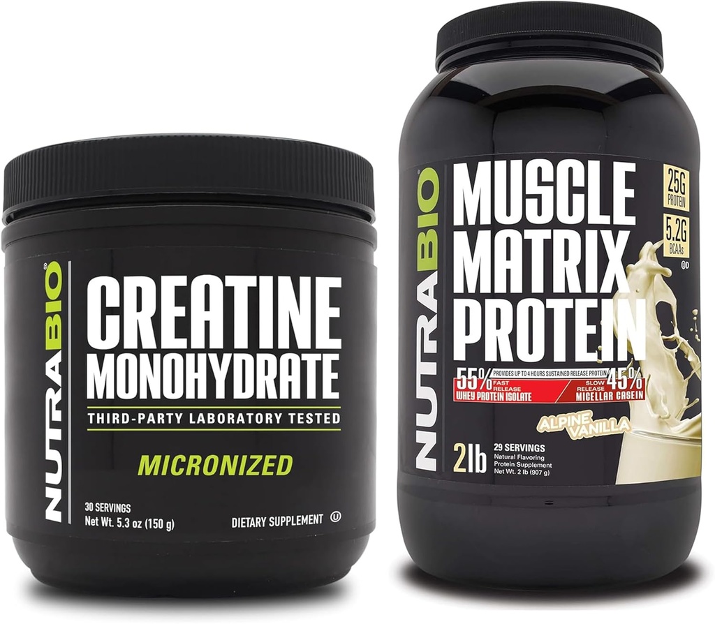 单水合核酸NutraBio Creatine Monohydrate,(150克)和肌肉基质蛋白粉,(Vanilla)补充Bundle – 肌肉能量,最大增殖,恢复,和强度