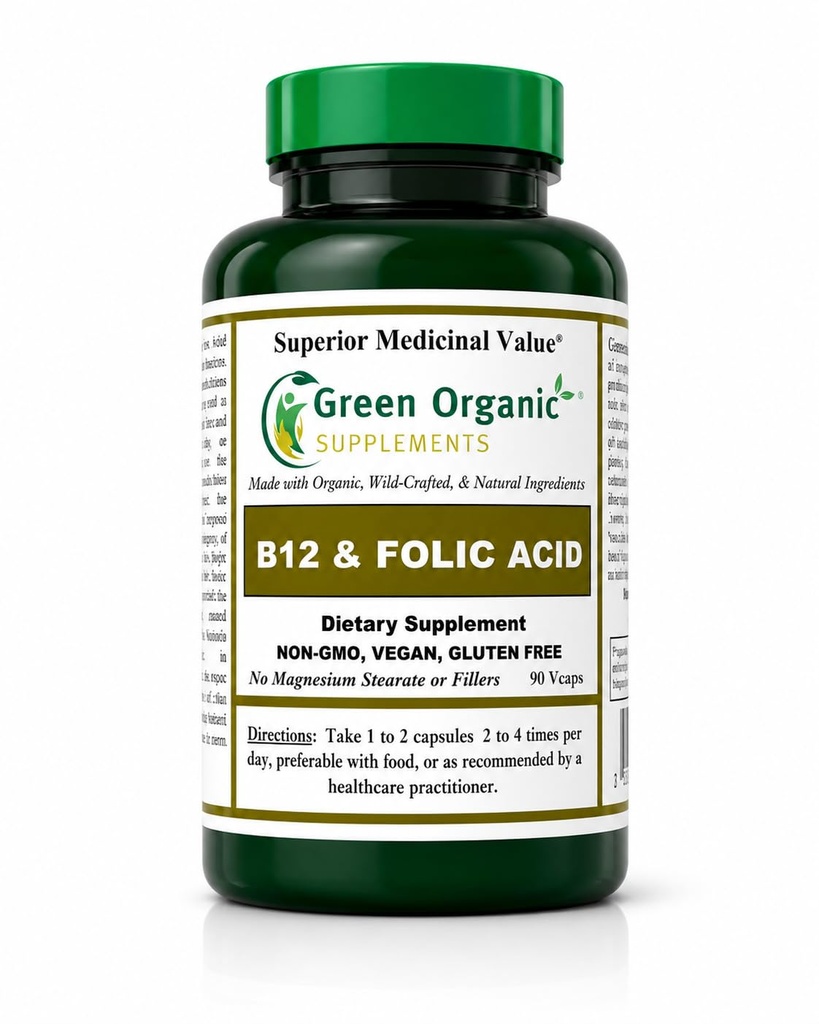 绿色有机补充物(Pack-1) 维生素B12 & Folic Acid, 1000mcg, 90 VCaps, Hand Made, Vegan, Non-GMO, 支持神经系统的功能, 以及皮肤, 头发和肝脏的完整性
