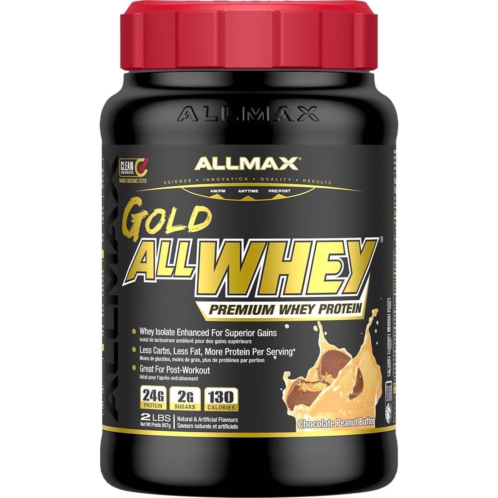 AlMAX 营养金 ALLWHEY 巧克力花生酱 - 2磅 - 24克蛋白质 Per Scoop - Gluten Free, Low Carb & Low Sugar - 约30种
