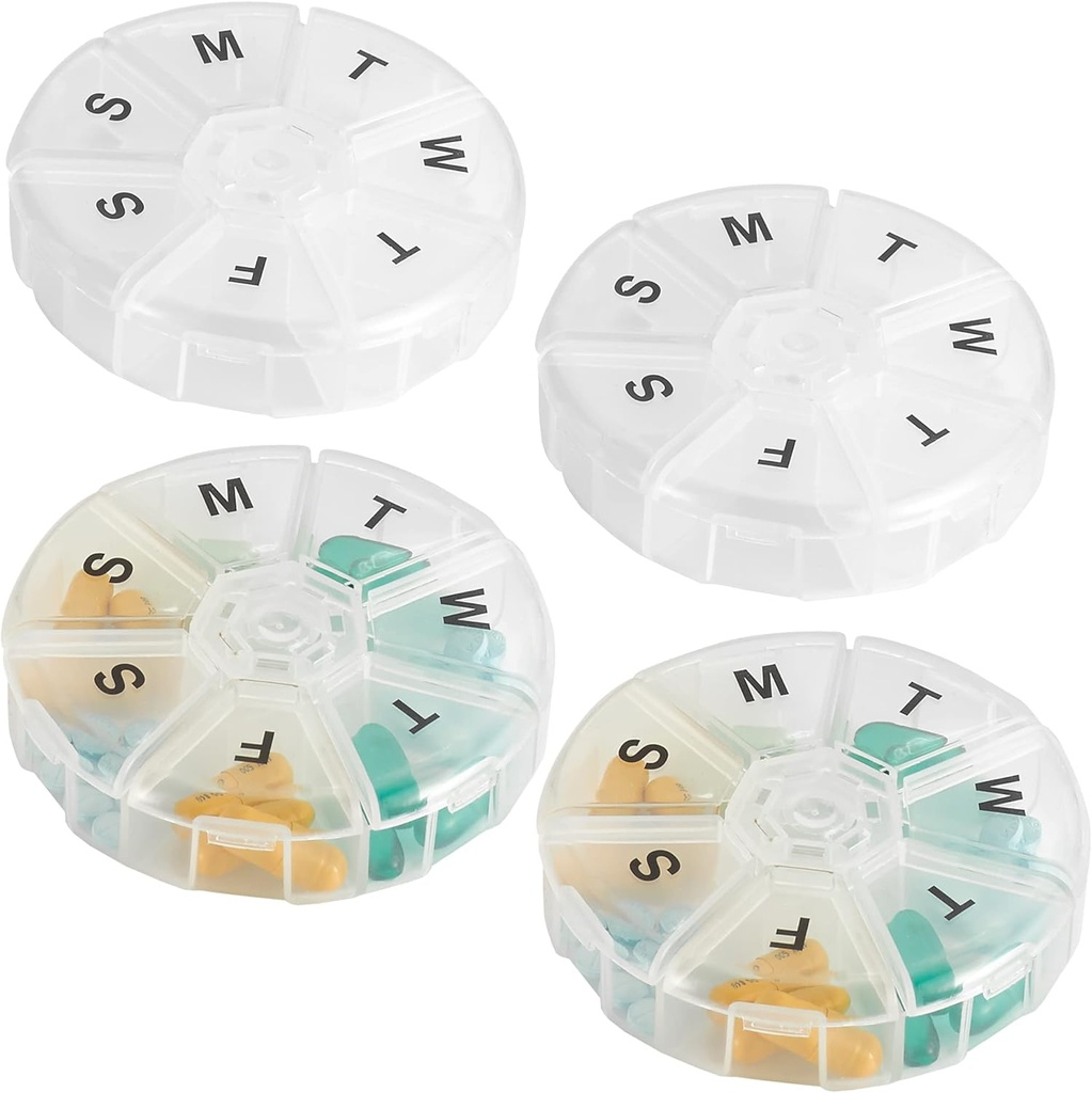 大周药丸组织者 - (Pack of 4) 每日药丸病例,圆药丸组织者7天集装箱,药品计划者,药丸提醒器,药丸维生素无BPA,补充品和鱼油