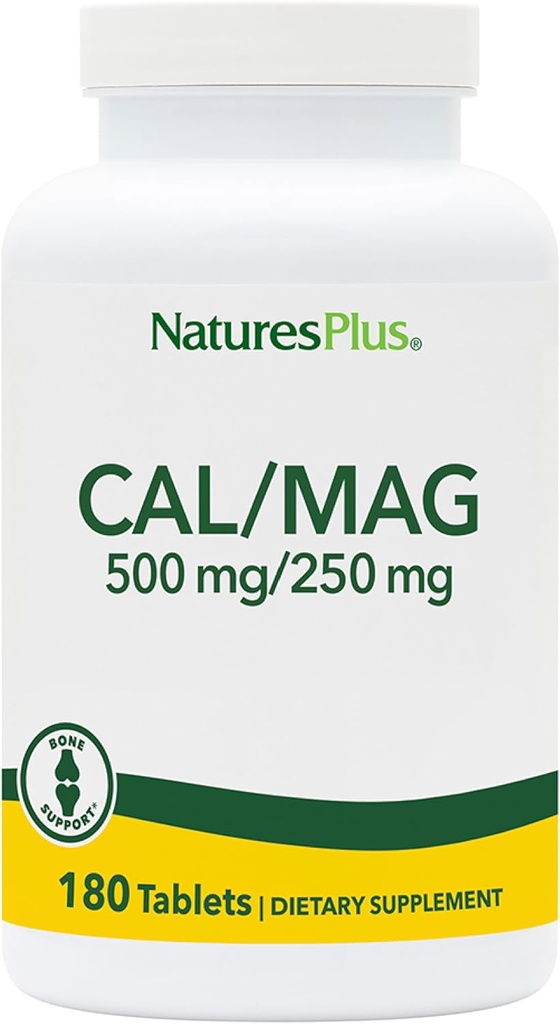 Natures Plus Cal/Mag - 180 蔬菜片 - 500 mg 钙,250 mg 镁 - 支持能源生产与整体福祉 - 180 服务