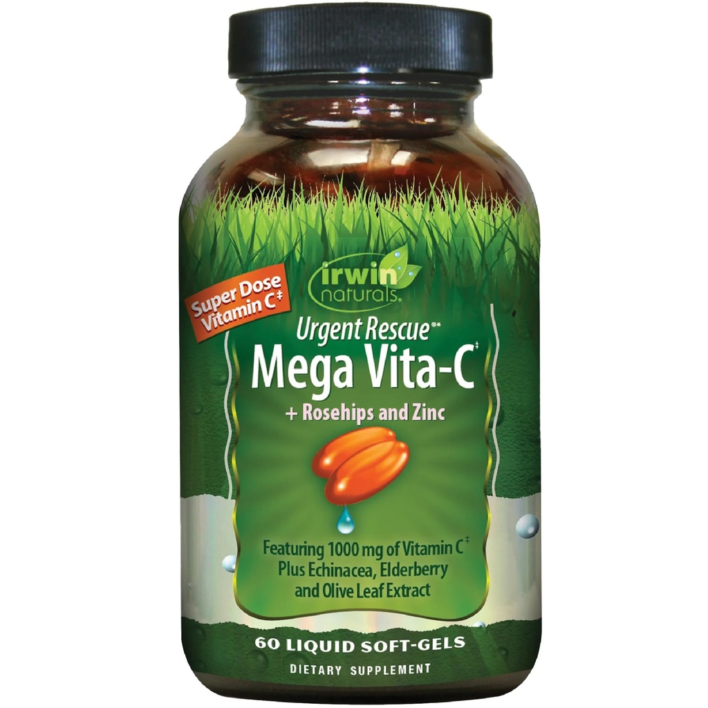 Irwin Naturals Emergency Rescue Mega Vita-C - 60 液态软胶 - 1 000 mg 维生素 C - 含有Rosehips和锌的免疫支持补充剂