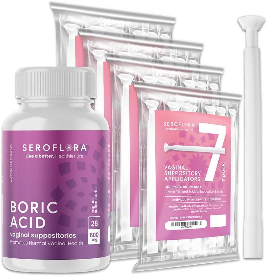 Seroflora Boric Acid Vaginal Suppositories 600 mg + Suppository Applicators Bundle - Vaginal Health pH Balance for Women - Helps Control Vaginal Odor (28ct)