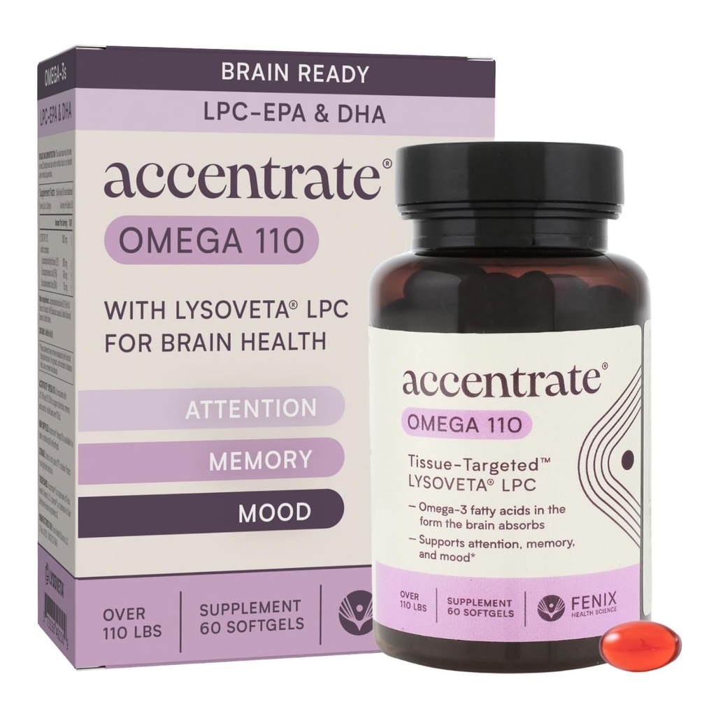 Omega 110 w/LYSOVETA LPC → EPA & DHA 对大脑和视网膜健康的补充 → 聚焦,关注,记忆,Mood & Vision → 6X 高吸收度比鱼油 → 高可能性 Omega-3 LPC-DHA