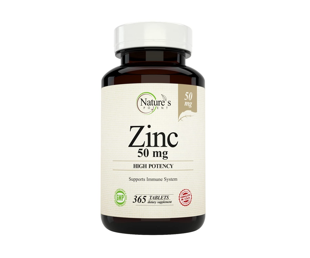 Nature's Potent Zinc 50 mg, Immune Support Suppless - 最大免疫和抗氧化剂健康的高可能性 - 在美国由天然锌氧化剂制成 - 365 片(1年供应量)