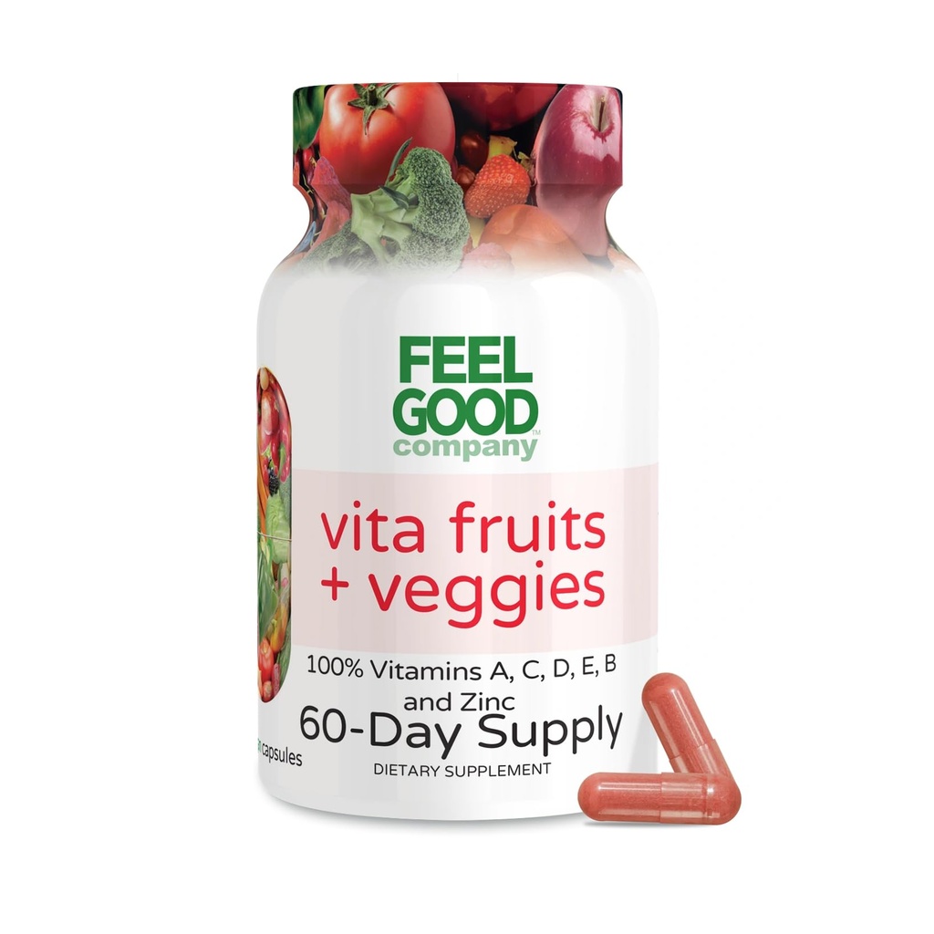 Feel Good Superfoods Vita 水果和蔬菜 Capsules - 25 超级食品 原料,水果和蔬菜 多维特敏, 60 count - 男女 - 维生素 A, C, D, E, B和锌