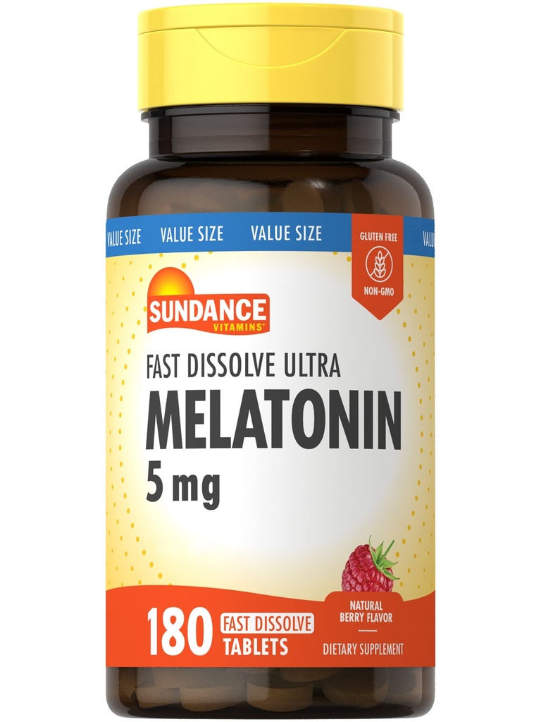 Sundance Melatonin 5 mg 平板电脑 180 蔬菜计数器 快速溶解器 天然贝里 Flavor