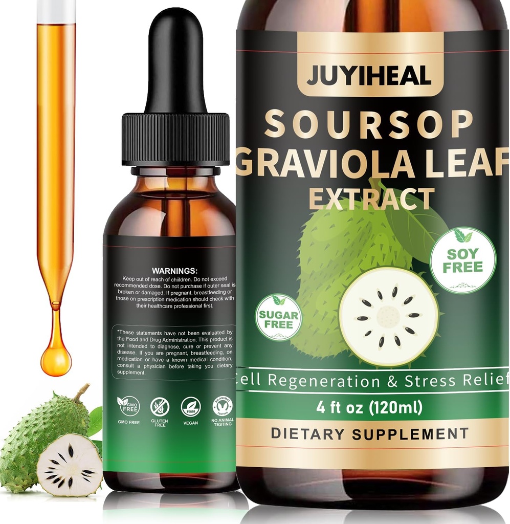 4 Fl Oz Soursop Graviola 液滴用于细胞支持, Imune boost, Soursop 位点液体, Soursop 叶片, Soursop 多维塔明 液滴, 草药良好, 糖/糖自由, 天然火焰