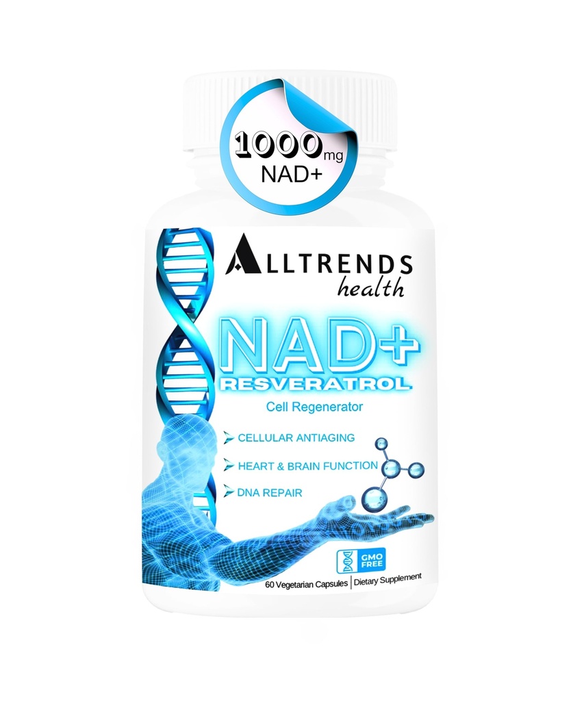 AllTRENDS 健康 NAD 补充 1000 mg + Resveratrol 500 mg + TMG 三甲基甘氨酸 500 mg → 细胞再生、心脏和脑功能、DNA修复、长寿、能量和氧化性应激