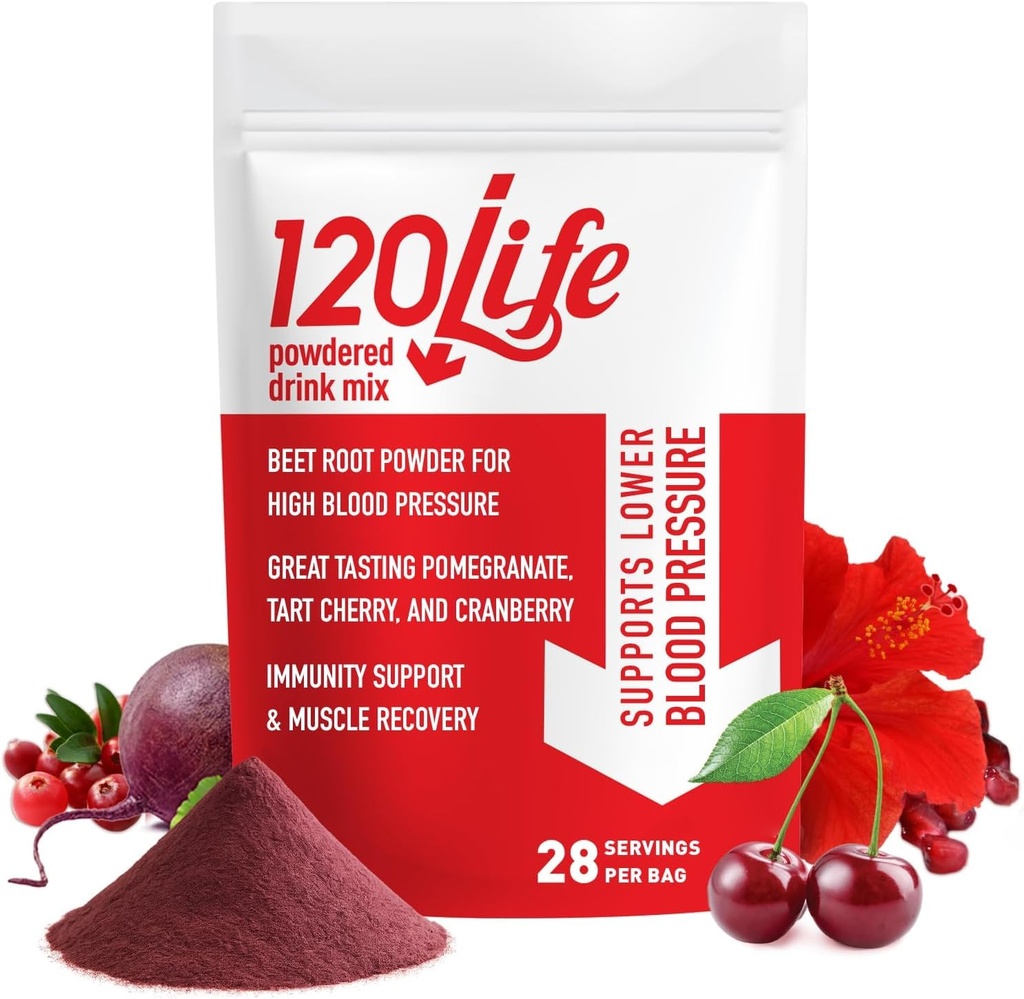 120LIFE 血压支持,天然甜菜根粉 饮用与石榴粉混合, Cranberry Supplement, Tart Cherry, Hibiscus, 和镁(28种服务) - Gluten-free, Vegan