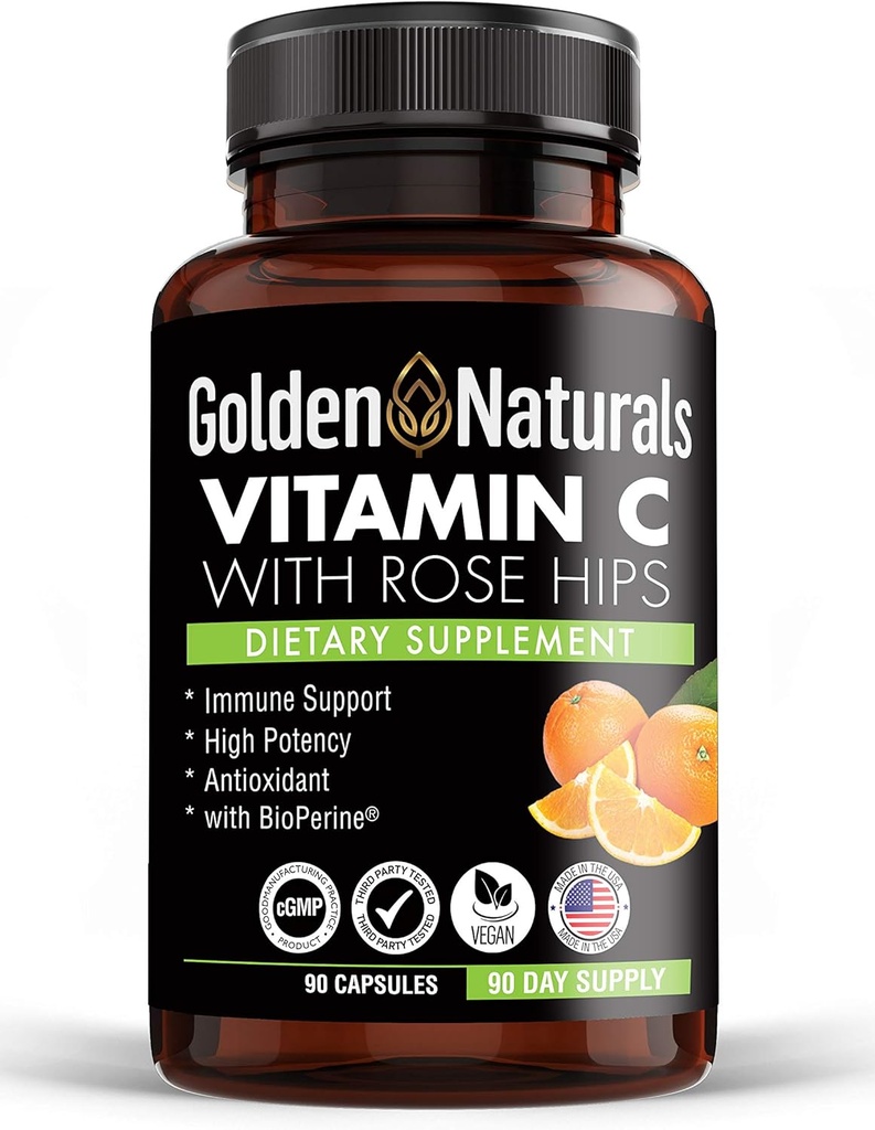 Golden Naturals Vitamin C with all Natural Rose HIPS, 1000mg, Immune 助推支持和强抗氧化剂, 高吸收生物牡蛎, 改善皮肤健康, 90 Capsules