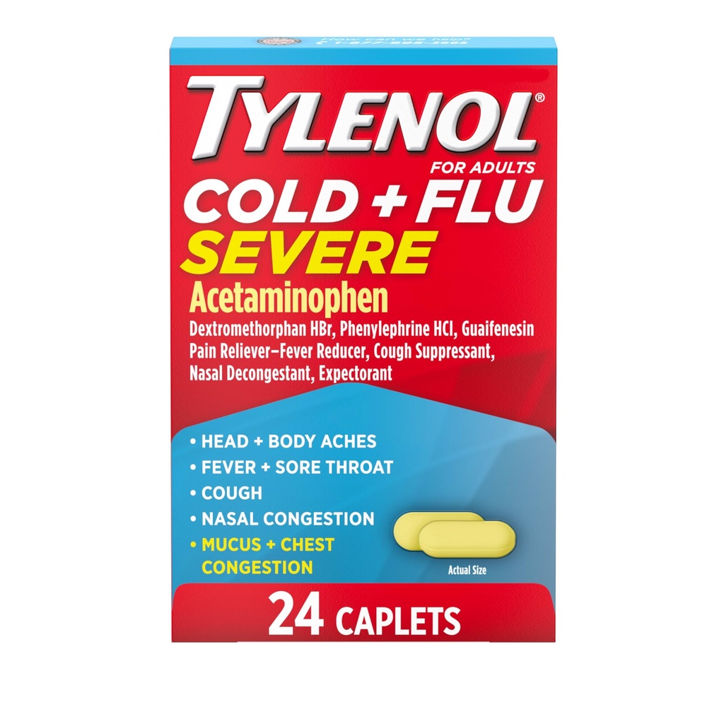 Tylenol Cold + Flus 重症药物卡片用于发烧,疼痛,咳嗽和摄入,24 cm.