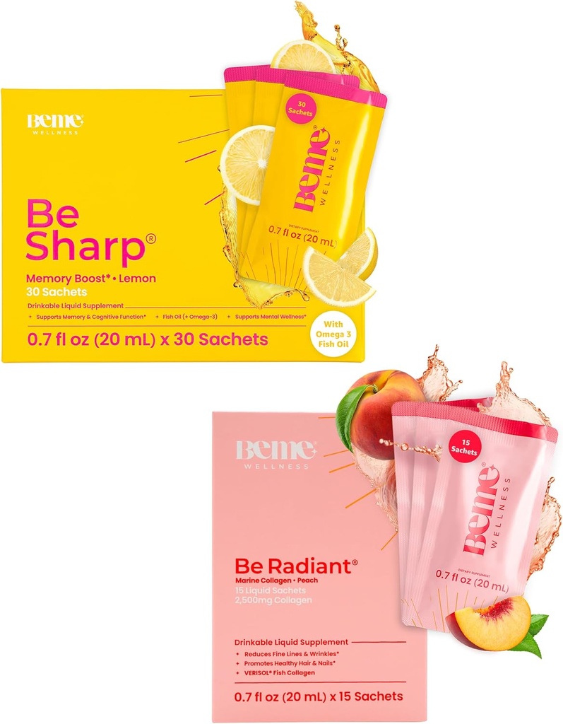 BeMe BeSharp & BeRadiant Peach Bundle - 液态奥米加-3和液态柯拉根饮料补充剂
