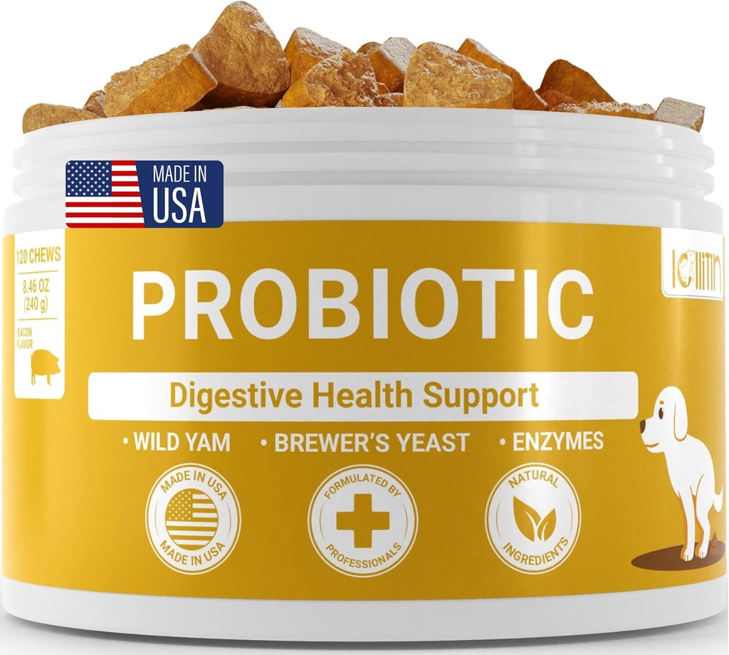 狗的亲生药 - 支持Gut & 消化健康,免疫支持 - 所有Nautral Prebiotics, Fiber, Gut Flora的酶 - 腹泻和鲍尔支持 - Bacon Flavor, 120 Chews, by Lollitin